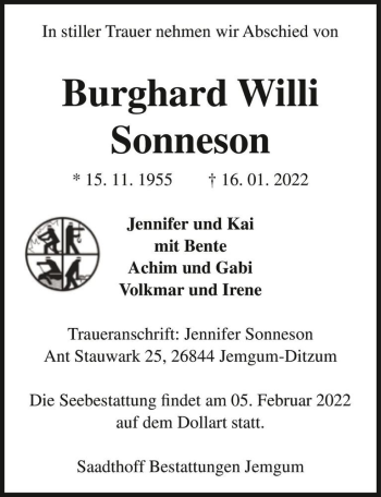 Traueranzeige von Burghard Willi Sonneson  von Magdeburger Volksstimme