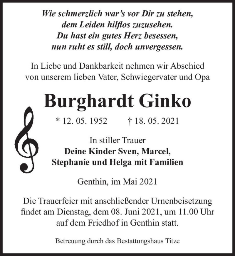  Traueranzeige für Burghardt Ginko  vom 29.05.2021 aus Magdeburger Volksstimme