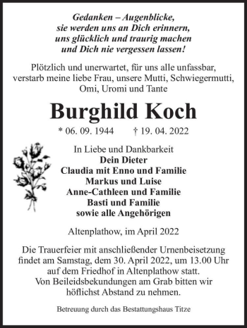 Traueranzeige von Burghild Koch  von Magdeburger Volksstimme