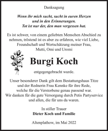 Traueranzeige von Burgi Koch  von Magdeburger Volksstimme