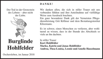 Traueranzeige von Burglinde Hohlfelder  von Magdeburger Volksstimme