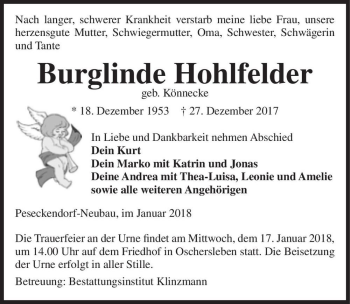 Traueranzeige von Burglinde Hohlfelder (geb. Könnecke)  von Magdeburger Volksstimme