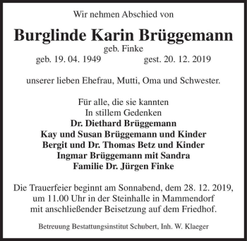 Traueranzeige von Burglinde Karin Brüggemann (geb. Finke)  von Magdeburger Volksstimme