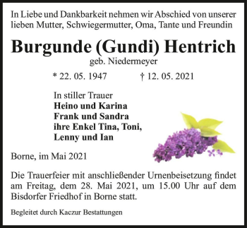 Traueranzeige von Burgunde 