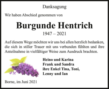 Traueranzeige von Burgunde Hentrich  von Magdeburger Volksstimme