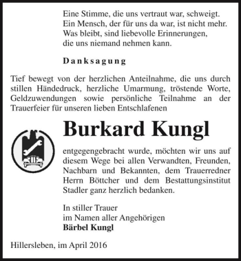 Traueranzeige von Burkard Kungl  von Magdeburger Volksstimme