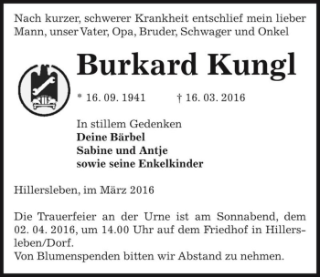 Traueranzeige von Burkard Kungl  von Magdeburger Volksstimme
