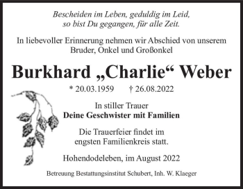 Traueranzeige von Burkhard 
