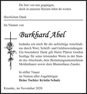 Traueranzeige von Burkhard Abel  von Magdeburger Volksstimme