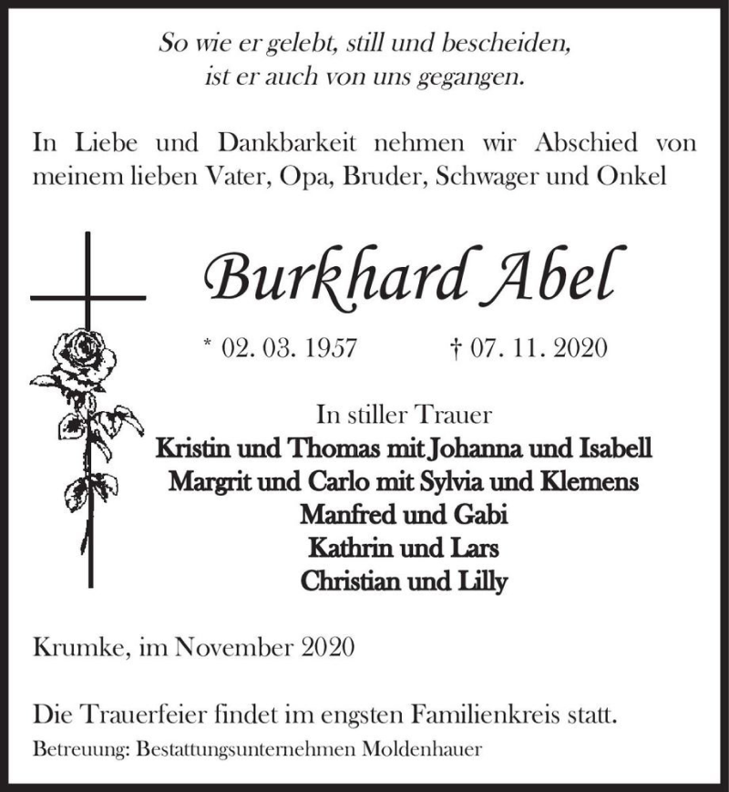 Traueranzeige für Burkhard Abel  vom 10.11.2020 aus Magdeburger Volksstimme