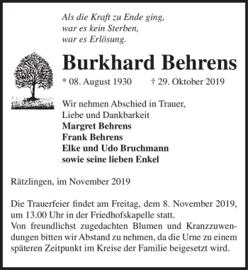Traueranzeige von Burkhard Behrens  von Magdeburger Volksstimme