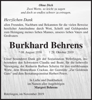 Traueranzeige von Burkhard Behrens  von Magdeburger Volksstimme