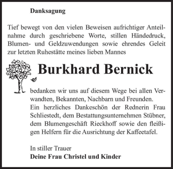 Traueranzeige von Burkhard Bernick  von Magdeburger Volksstimme