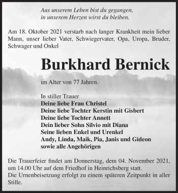 Traueranzeige von Burkhard Bernick  von Magdeburger Volksstimme