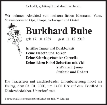 Traueranzeige von Burkhard Buhe  von Magdeburger Volksstimme
