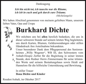 Traueranzeige von Burkhard Dichte  von Magdeburger Volksstimme