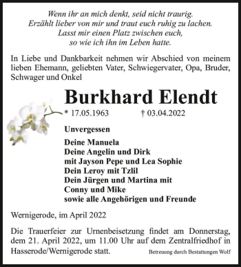 Traueranzeige von Burkhard Elendt  von Magdeburger Volksstimme