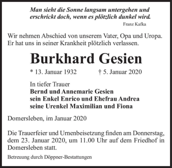 Traueranzeige von Burkhard Gesien  von Magdeburger Volksstimme