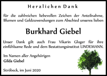 Traueranzeige von Burkhard Giebel  von Magdeburger Volksstimme