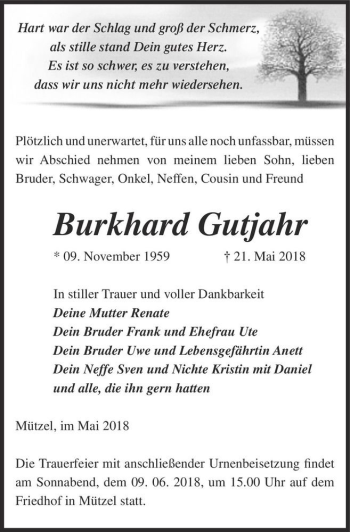 Traueranzeige von Burkhard Gutjahr  von Magdeburger Volksstimme