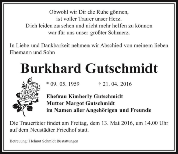 Traueranzeige von Burkhard Gutschmidt  von Magdeburger Volksstimme