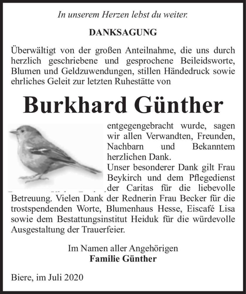  Traueranzeige für Burkhard Günther  vom 01.08.2020 aus Magdeburger Volksstimme