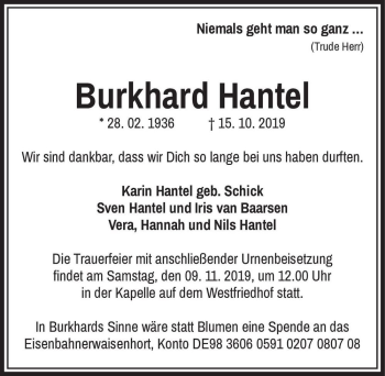 Traueranzeige von Burkhard Hantel  von Magdeburger Volksstimme