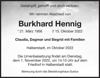 Traueranzeige von Burkhard Hennig  von Magdeburger Volksstimme