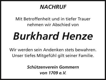 Traueranzeige von Burkhard Henze  von Magdeburger Volksstimme