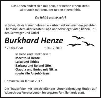Traueranzeige von Burkhard Henze  von Magdeburger Volksstimme
