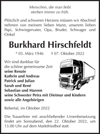 Traueranzeige von Burkhard Hirschfeldt  von Magdeburger Volksstimme