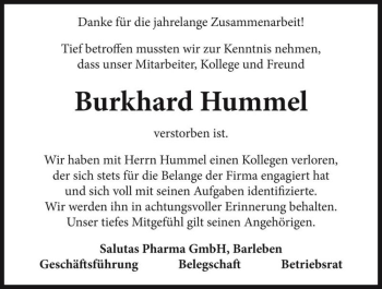 Traueranzeige von Burkhard Hummel  von Magdeburger Volksstimme