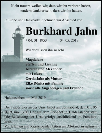 Traueranzeige von Burkhard Jahn  von Magdeburger Volksstimme