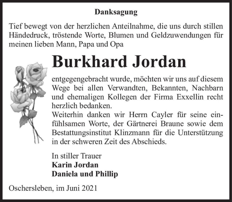  Traueranzeige für Burkhard Jordan  vom 02.06.2021 aus Magdeburger Volksstimme