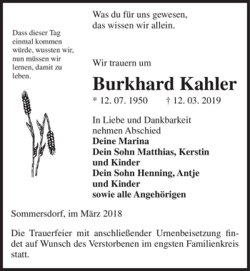 Traueranzeige von Burkhard Kahler  von Magdeburger Volksstimme