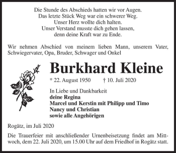 Traueranzeige von Burkhard Kleine  von Magdeburger Volksstimme