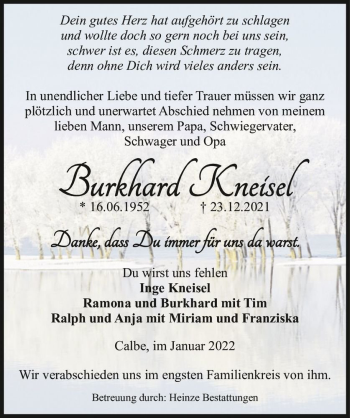 Traueranzeige von Burkhard Kneisel  von Magdeburger Volksstimme