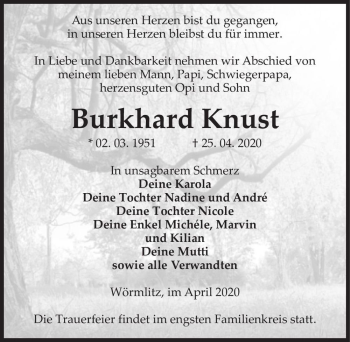 Traueranzeige von Burkhard Knust  von Magdeburger Volksstimme