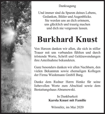 Traueranzeige von Burkhard Knust  von Magdeburger Volksstimme