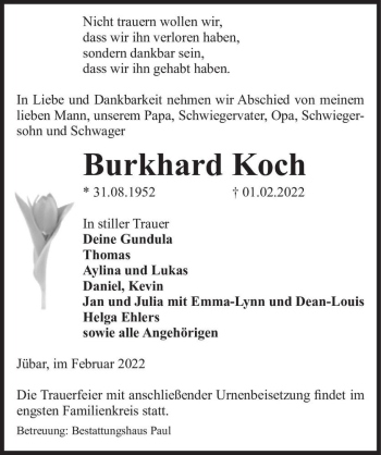 Traueranzeige von Burkhard Koch  von Magdeburger Volksstimme