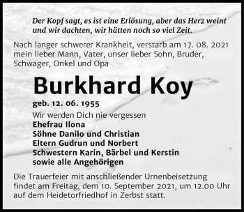 Traueranzeige von Burkhard Koy  von Magdeburger Volksstimme