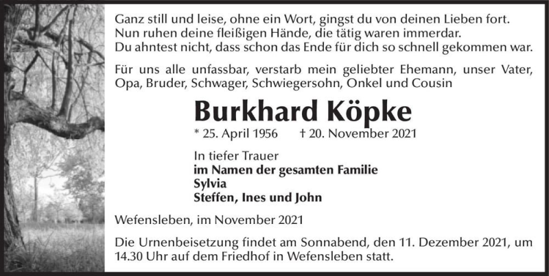  Traueranzeige für Burkhard Köpke  vom 27.11.2021 aus Magdeburger Volksstimme