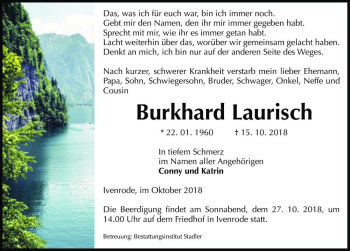 Traueranzeige von Burkhard Laurisch  von Magdeburger Volksstimme