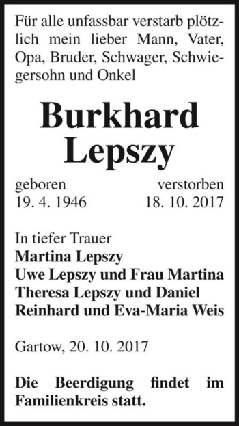 Traueranzeige von Burkhard Lepszy  von Magdeburger Volksstimme