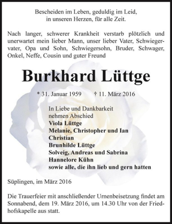 Traueranzeige von Burkhard Lüttge  von Magdeburger Volksstimme
