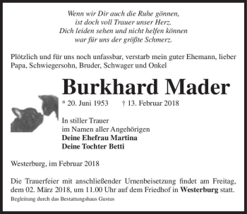 Traueranzeige von Burkhard Mader  von Magdeburger Volksstimme