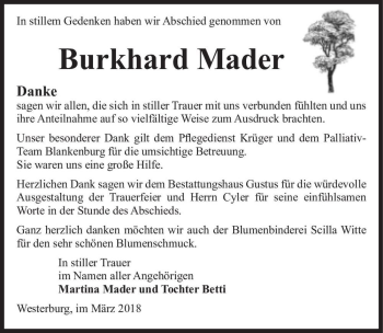 Traueranzeige von Burkhard Mader  von Magdeburger Volksstimme