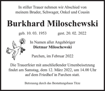 Traueranzeige von Burkhard Miloschewski  von Magdeburger Volksstimme