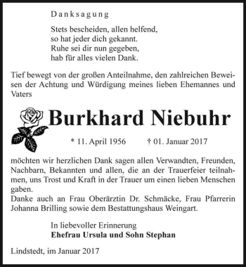 Traueranzeige von Burkhard Niebuhr  von Magdeburger Volksstimme