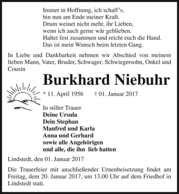 Traueranzeige von Burkhard Niebuhr  von Magdeburger Volksstimme